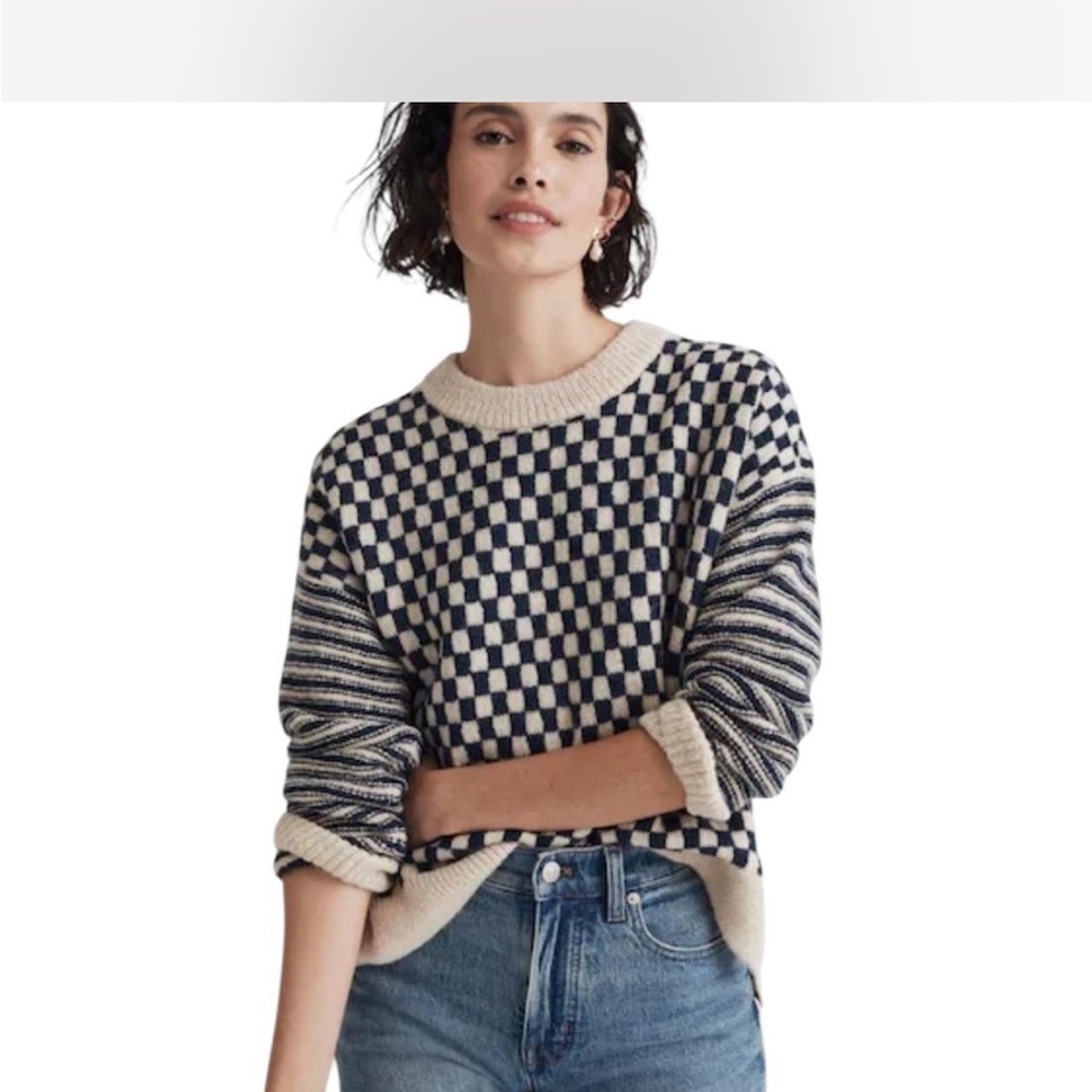 Madewell Alpaca Wool Women's Navy and Cream Checkered Sweater